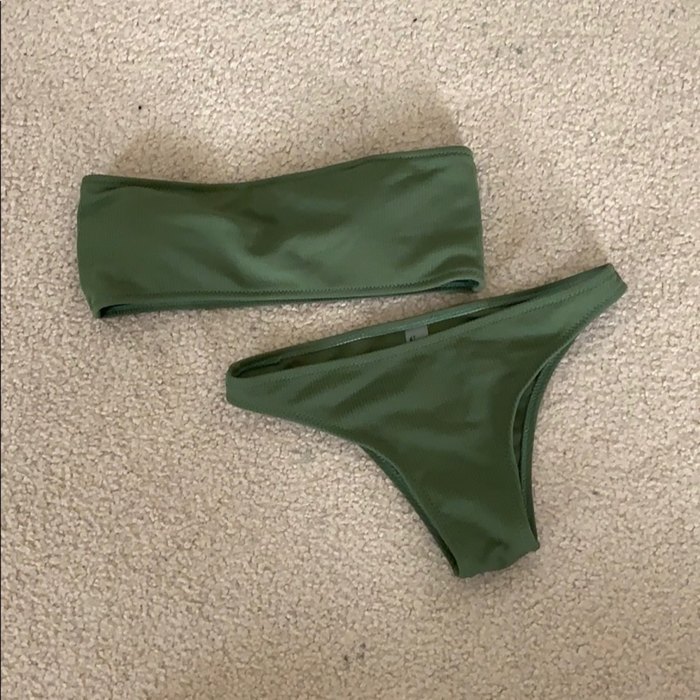 Ribbed olive green bandeau bikini set